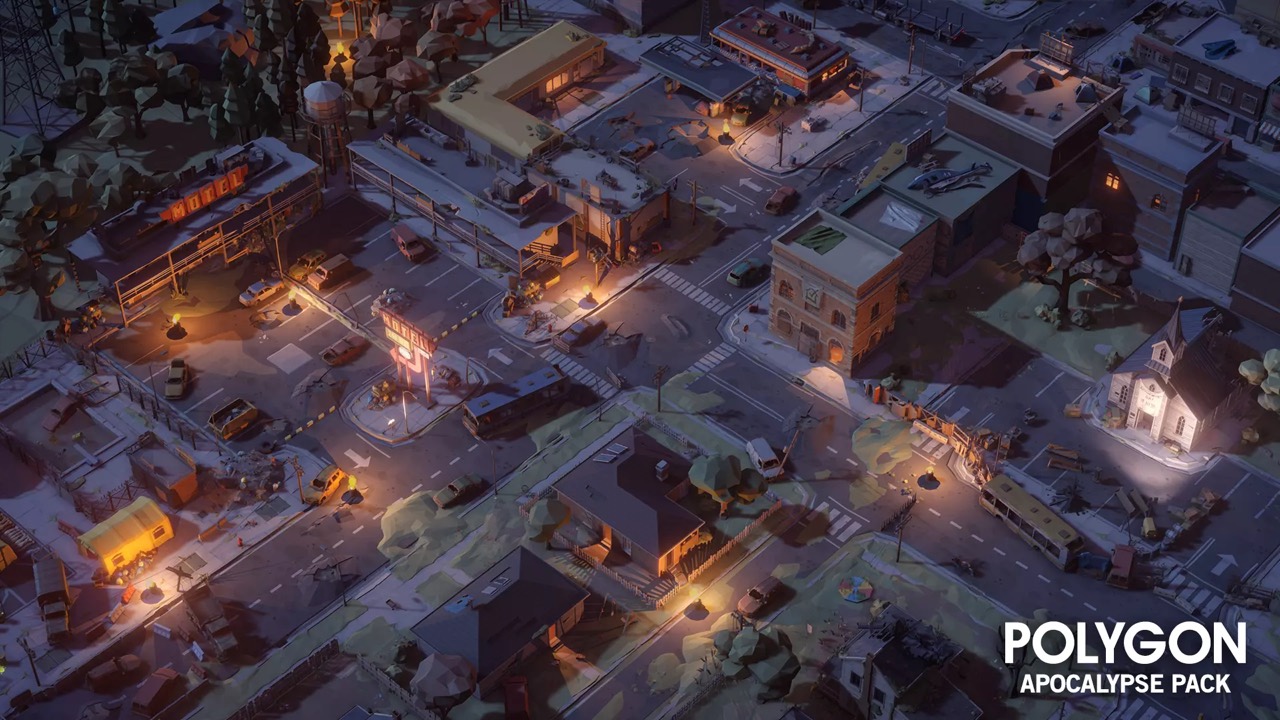 Angular city streets at dusk with warm lights among abandoned buildings